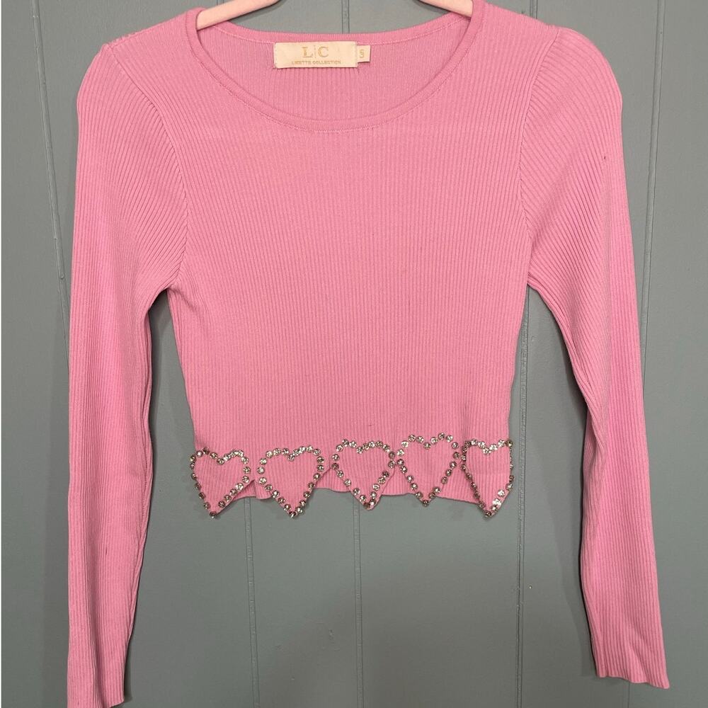 Lizette Collection pink crop sweater with heart rhinestones, Size Small‎